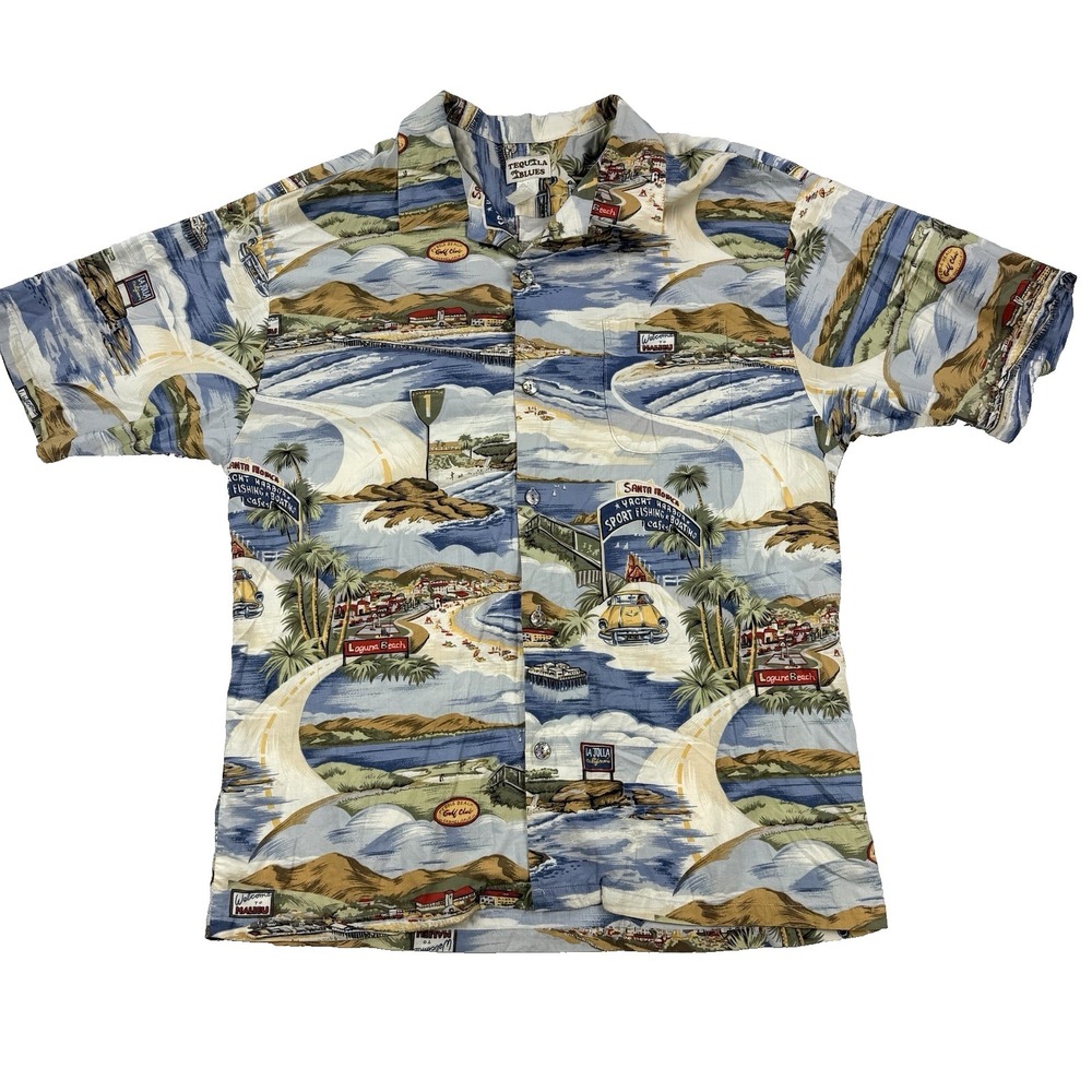 VTG Mens Tequila Blues Hawaiian Shirt Santa Monica Welcome to Paradise XL USA